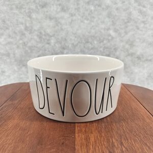 Rae Dunn Magenta DEVOUR Pet Bowl Dog Cat White Etched Black‎ Stoneware 6x2.75"